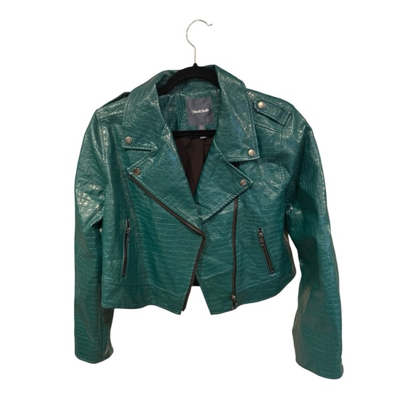 ModCloth Teal Faux Alligator Size L Cropped Moto Biker Zip Up Jacket - Picture 2 of 10
